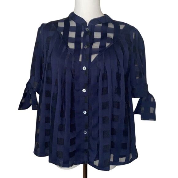 Current Air Anthropologie Blouse SP Short Sleeve Button Up Plaid Sheer Bows - Picture 1 of 16